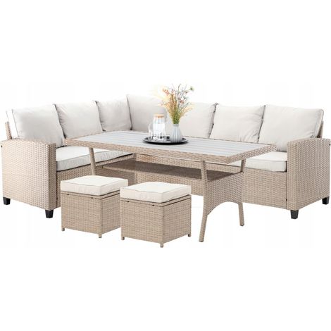 Salotto da giardino ad angolo LIVANA con tavolo e 2 pouf beige e marrone chiaro