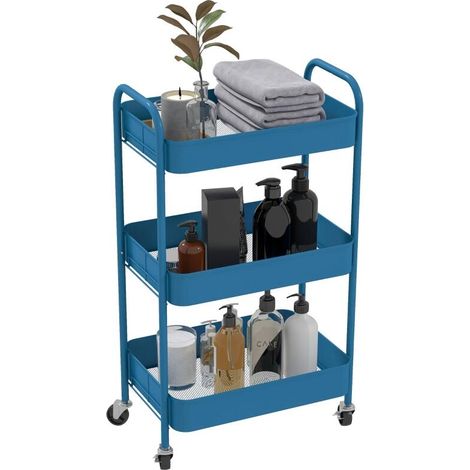 Chariot de rangement en acier à roulettes 3 plateaux ajourés 45 x 30,6 x 79 cm couleur bleu foncé idéal pour la cuisine (1/5)