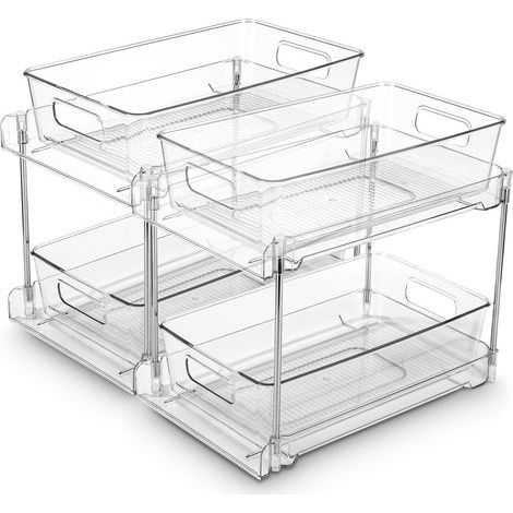 Organisateurs sous Évier 2 Niveaux, Lot de 2 Coulissant, Rangement et Organisation Polyvalente de Cuisine, Transparent (1/5)
