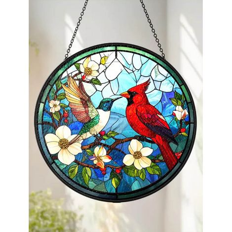 Attrape-soleil vitrail cardinal et colibri 9 cm, fenêtre suspendue, décoration vitrail