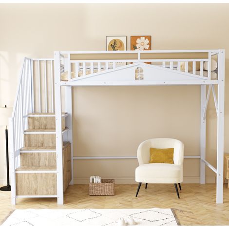 Lit mezzanine moderne métal et bois blanc 90x200 cm avec escalier rangement, petit placard, sommier à lattes et garde-corps