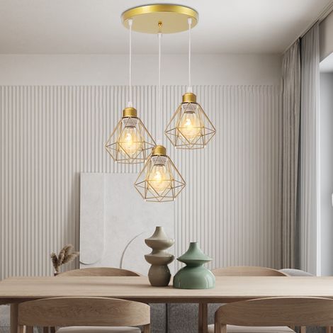 Axhup – Industrial vintage pendant light – Gold diamond lampshade – 3 lights for living room, kitchen, restaurant – E27 socket, adjustable cable 100cm (1/4)