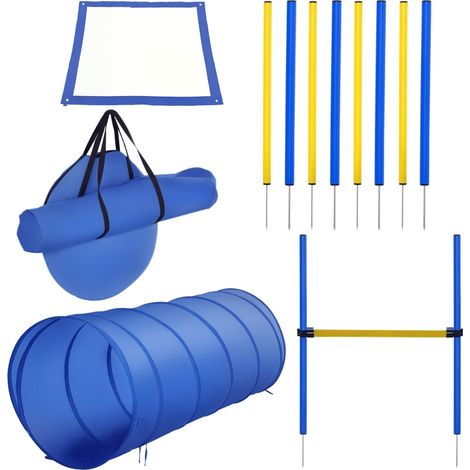 Kit d'agilité chien 4 pièces tunnel haies 8 poteaux slalom aire départ sac rangement jaune bleu
