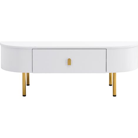 Tavolino da salotto bianco in MDF, 2 cassetti, maniglie e gambe dorate, 108 x 50 x 40 cm (1/5)