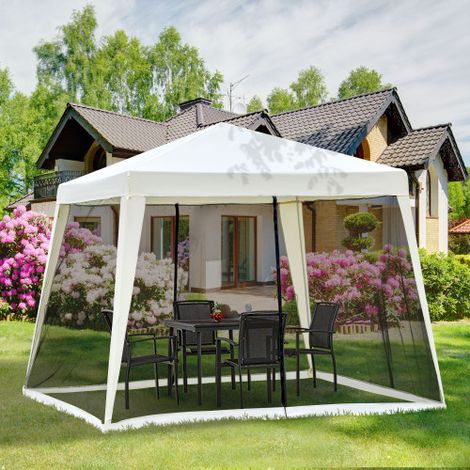 Pavillon de jardin 3x3 m crème avec moustiquaires, toit polyester déperlant 160 g/m², structure acier