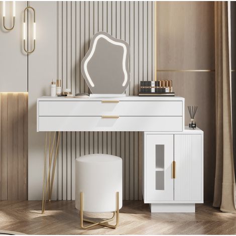 MEUBLIV Coiffeuse 100x40 cm blanche – miroir LED, rangement, tiroirs (1/5)