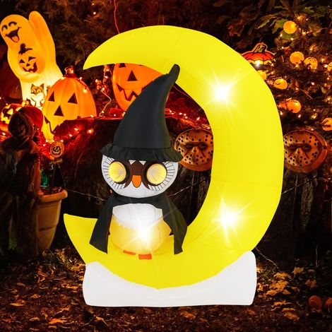 Décoration d'Halloween Eclairée par LED Hibou Gonflable sur Lune 130 x 155 cm avec Piquets et Sacs de Sable pour Cour Jardin Jaune (1/3)