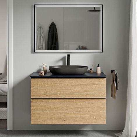 Badmöbel Unterschrank Bernstein LAVOA 80cm Badmöbel: Eiche Honiggold, Waschtischplatte: Mitternachtsblau matt, Metallgriff: Schwarz matt