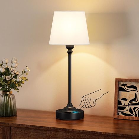 Lámpara de mesilla táctil, lámpara de mesa LED, inalámbrica, batería recargable, atenuación continua, pantalla de lino blanco, para dormitorio, sala de estar, decoración de cocina (Negro) (1/5)