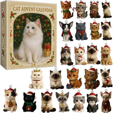 Adventskalender 2025 mit 24 Sammelfiguren, Countdown bis Weihnachten, Weihnachtsdekoration, Acryl, mehrfarbig, 28 x 18 x 3 cm, für Katzenliebhaber und (1/5)