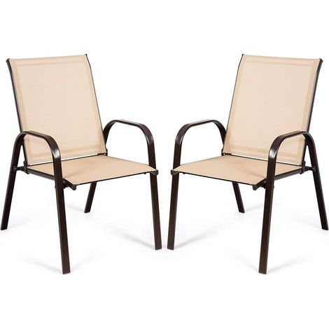 GOPLUS Lot de 2 Chaises de Jardin Pliantes, 2 Chaises de Terrasse en Métal avec Accoudoirs et Dossier Haut, Tissu Respirant, Fauteuil Confortable pour Piscine, Plage, Cour, Charge 160KG (Café) (1/5)