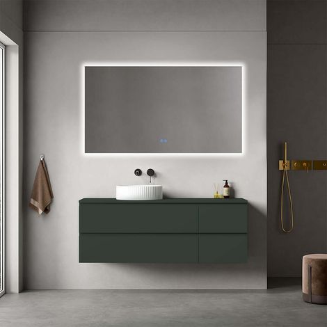 Mobile bagno sospeso reversibile  140 cm Verde Comodoro  per Lavabo d'appoggio Specchio Quadro Retroilluminato - Fiji Paint Top