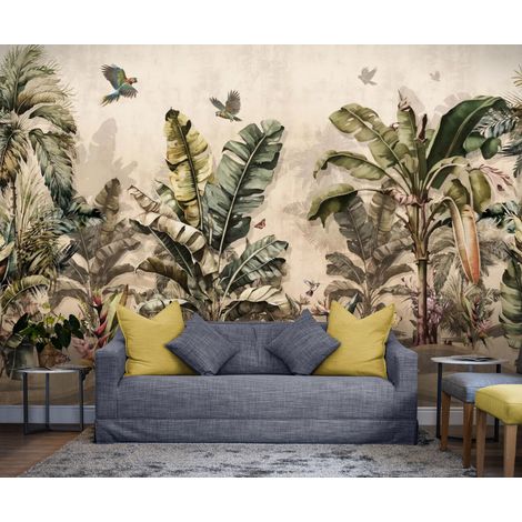 Papier Peint Tropical - Jungle Vintage et Oiseaux - 150 x 250 cm (1/2)