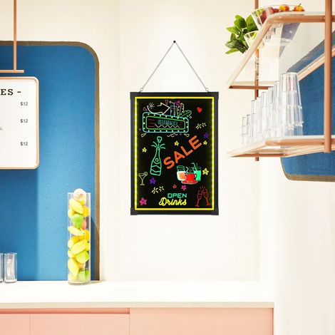 Tableau d'écriture LED effaçable accrocheur - 7 couleurs - 18 modes d'éclairage - Avec 8 stylos néon - Télécommande - Double alimentation - Pour café, bar, restaurant, mariage, publicité - Décoration (1/5)