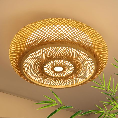 Plafonnier Bambou Rotin LED Dimmable Avec Télécommande - Lampe En Bois Tissé À La Main Naturel 40W Rétro Rond Pour Chambre Salon Couloir, 40cm (1/5)