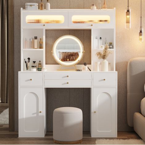 MEUBLIV Coiffeuse 120x40x160 cm blanche – miroir lumineux, 4 tiroirs et rangements (1/5)