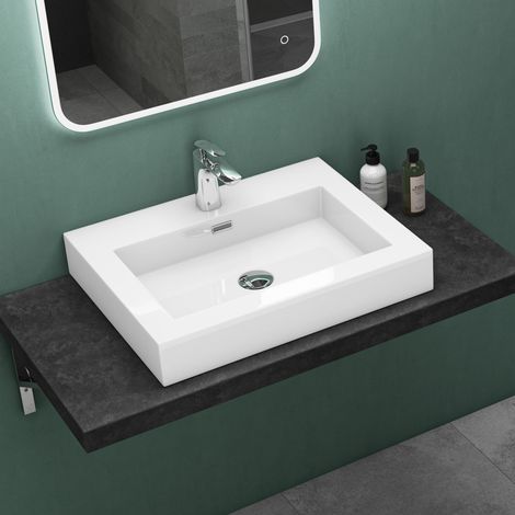 Mai & Mai Vasque à poser lavabo suspendu blanc 60cm résine rectangulaire avec perçage pour robinet lave mains avec trop-plein Col818 60x48x10cm (1/5)