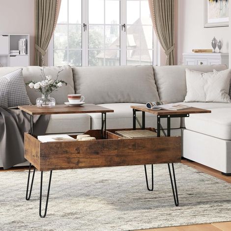 Woltu – Table basse relevable marron rustique – Panneau de particules et métal – Dimensions 115x75x60 cm – Compartiment intérieur 50x47x15 cm (1/5)