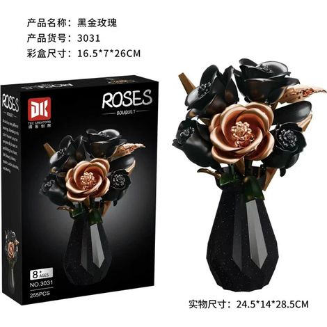 Ensemble de construction de bouquet de roses (roses noires et dorées), vase décoratif de bureau avec fleurs fraîches, cadeau pour fille (1/3)
