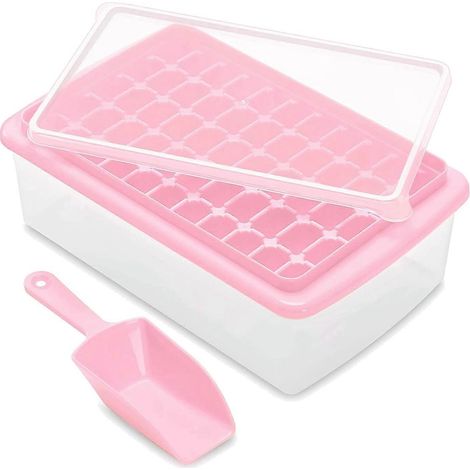Bac à glaçons avec couvercle et bac de rangement, bac à glaçons à démoulage facile de 55 glaçons avec couvercle anti-déversement, récipient et pelle rose (1/5)