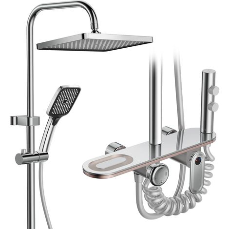 Colonne de Douche avec Mitigeur, Chromé, Pluie 30 x 20 cm 3 Modes Douchette à Main, Jet, Buses Silicone Anticalcaire, Robinet Cascade, Étagère, Mitigeur Non Thermostatique (1/5)