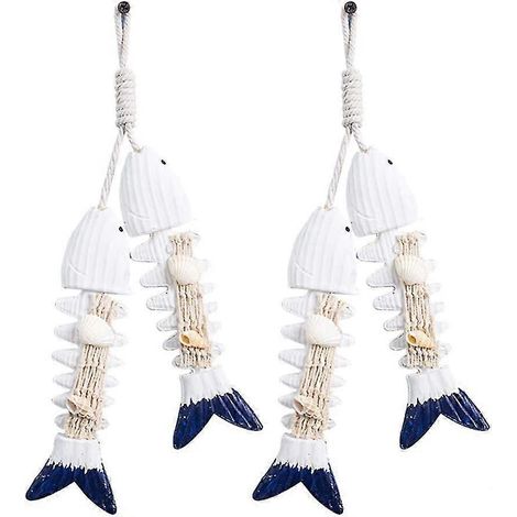Pendentif mignon et chic en bois en forme d'arête de poisson, décoration de rideau à suspendre pour salon ou chambre (blanc et bleu) (2 pièces) (1/5)