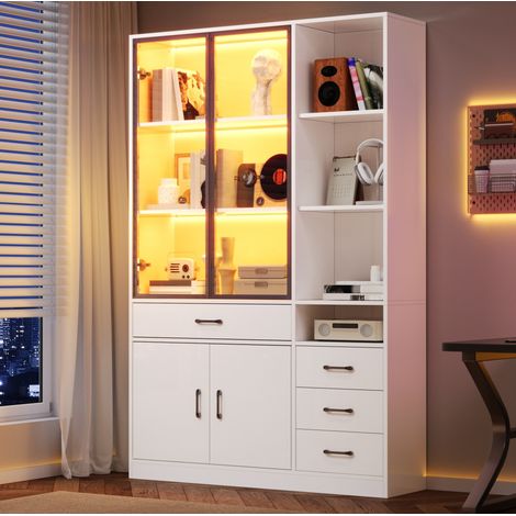 Estantería-vitrina 4 cajones y 4 puertas, 120x35x200 cm, LED, 13 almacenajes, en tableros de partículas y vidrio, blanco (1/5)