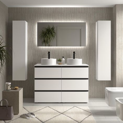 Meuble de salle de bain BEQUIA METAL 3C 120cm Blanc mat Vasque à poser Porcelaine Centrale (1/5)