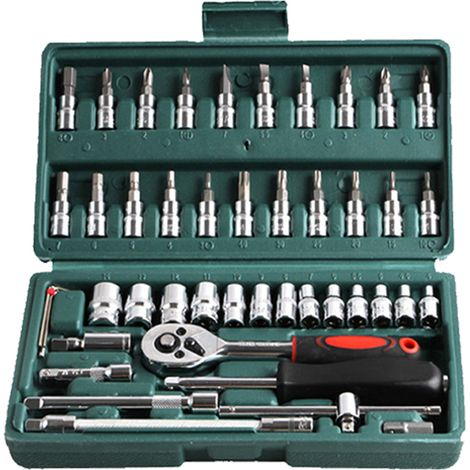 Juego de 46 piezas de llaves de carraca y destornilladores de 1/4" con vasos, kit de reparación para coches y motocicletas, estuche de almacenamiento, para uso en taller y carretera. (1/5)