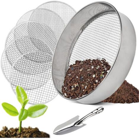 Tamis de jardin en acier inoxydable, tamis circulaire 5-en-1 de 30 cm avec 5 tamis interchangeables (mailles de 3, 6, 9, 10 et 12 mm) pour sol, compost et graines (1/5)