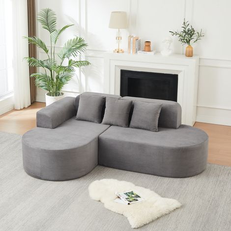 REDOM Ecksofa 220x155x70 cm, L Form, geschwungene Chaiselongue und Armlehnen, weicher Cord, grau (1/5)