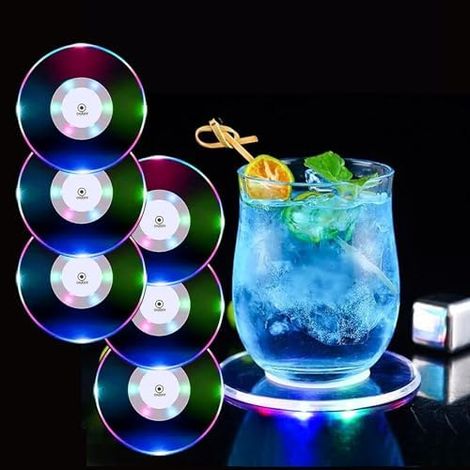Lot de 6 Sous-Verres LED, Color, ON/Off, Etanche, Rond, Acrylique, Bar, Fete, Lumineux, Boisson (1/5)