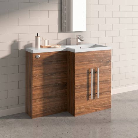 L Shape Bathroom Furniture Cabinet Combination Vanity Unit Basin Right Hand Walnut (1/5)