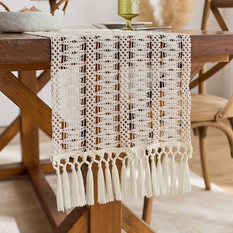 Ede Blanc cassé 30x200cm Chemin de table en coton vert à pompons, motif ajouré noué, nappe de cuisine de style campagnard. (1/5)