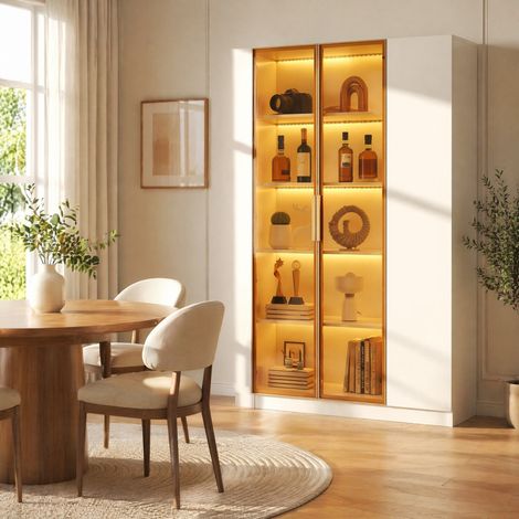 Vetrina bianca in vetro da 165 cm con LED multicolore e 3 ante (1/5)