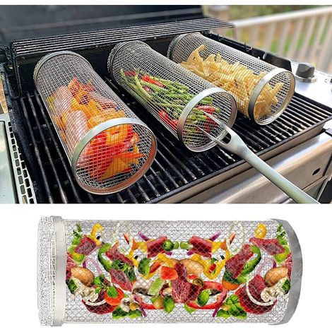 Panier à griller roulant en acier inoxydable, cylindre en maille pour légumes et viandes grillés, barbecue extérieur, 19,8 cm (7,78 pouces) (1/5)