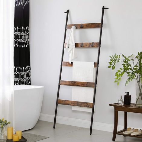 Songmics – Porte-serviettes échelle inclinée 5 niveaux – Acier robuste – Largeur 65 cm – Pour serviettes et couvertures – Style industriel marron rustique et noir