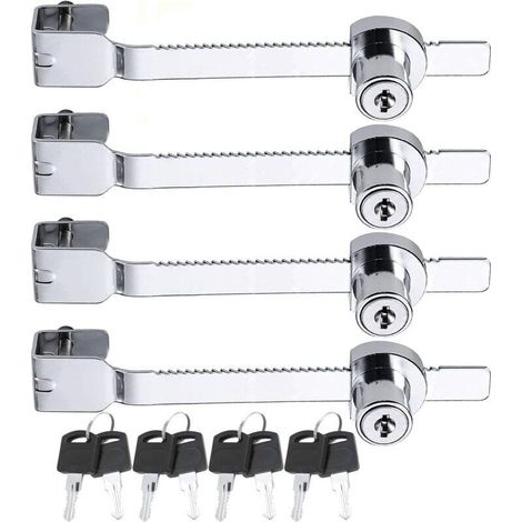 Lot de 4 verrous de scie coulissante avec clé pour vivarium terrarium vitrine serrure à cliquet serrure verrou vitrine en verre pour porte en verre, clés identiques Argenté (1/5)