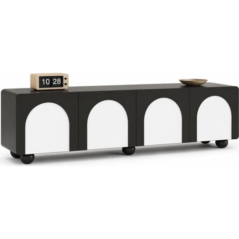 Meuble TV noir et blanc avec 2 tiroirs et 2 portes, design moderne, passe-câbles, format bas 180 x 38 x 45 cm, pour salon ou chambre CHICFURN (1/5)