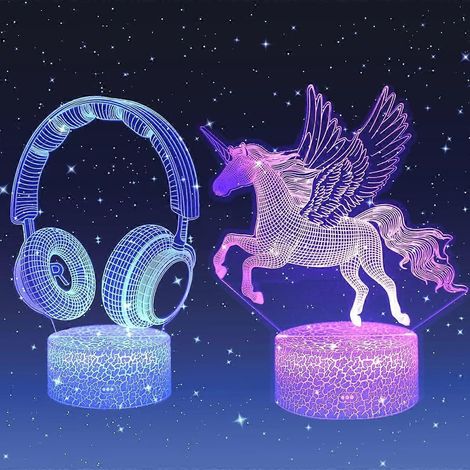 Lot de 2 veilleuses 3D avec casque audio et licorne, câble USB, 7 couleurs changeantes, lampe d'illusion 3D pour salle de jeux. (1/5)