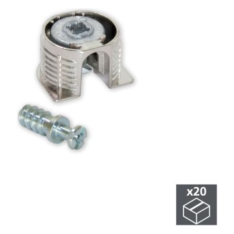 Emuca Lote de 20 enganches y pernos para la fijación estantes, Enganches diámetro 20mm, 12.5mm, Pernos diámetro 6mm, 11mm, Zamak y Acero, Niquelado - (1/5)