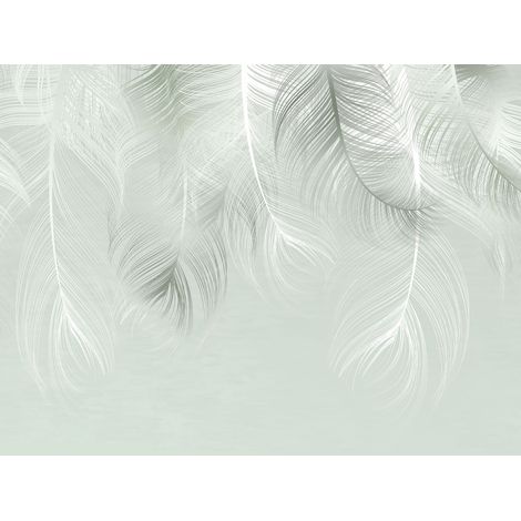 Papier peint panoramique plumes vert clair – Intissé facile à poser – Dimensions 3,6 x 2,7 m – Écologique certifié FSC (1/5)