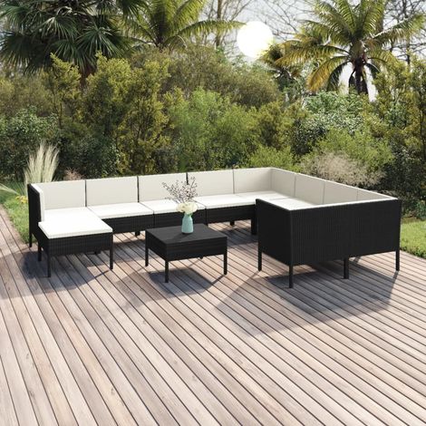 11-tlg. Garten-Lounge-Set mit Auflagen Poly Rattan Schwarz (1/5)