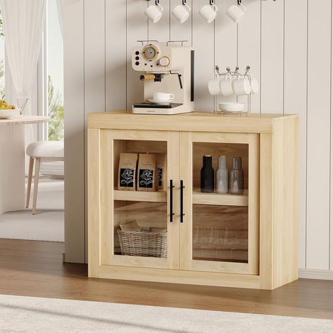 Buffet Bas de Cuisine 90x37,5x80 cm, Meuble Vaisselier avec 2 Portes en Verre Strié, Étagères de Rangement, Meuble Bar à Café pour Salle à Manger Salon Entrée, Chêne Clair (1/5)
