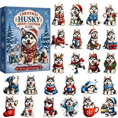 Calendrier de l'Avent Husky 2026 - 24 adorables décorations 2D en acrylique représentant des huskies en tenue de Noël - Un calendrier de l'Avent de 24 jours, idéal pour décorer votre sapin et un cadea (1/5)