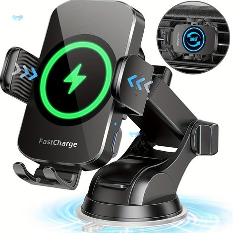 Supporto per telefono da auto a induzione da 15 W, [bloccaggio automatico] Caricabatterie a induzione wireless per auto veloce [ventosa militare], caricabatterie GPS compatibile con iPhone 16/15 Pro M