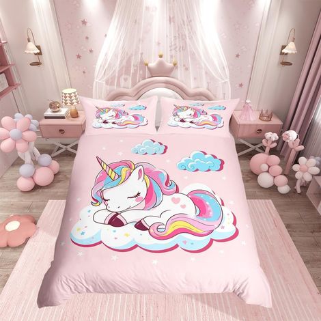 Parure de lit 3 pièces avec housse de couette et lin motif licorne pour enfants et filles (1/5)