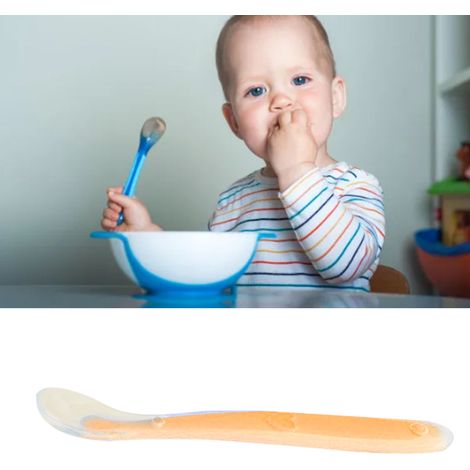Silikonlöffel für Babys, ergonomisch, weich und zahnfleischschonend, für Babys ab 4 Monaten, gelb. (1/5)