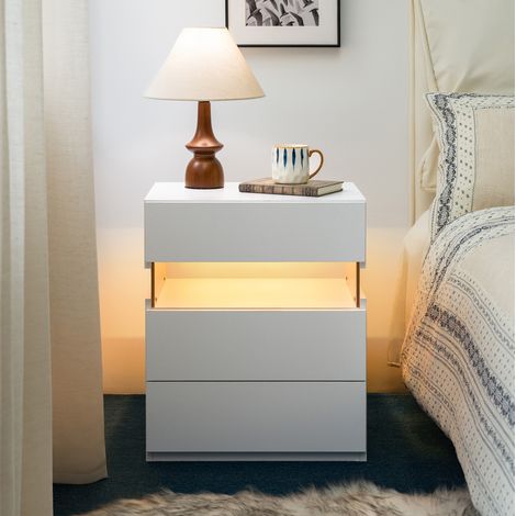Comodino LED a 3 cassetti, bianco, con pannello acrilico RGB HAVRYA (1/5)