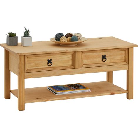 Idimex – Table basse en pin massif Tequila – 2 tiroirs – Dimensions 45 x 100 x 48 cm – Style mexicain rustique – Plateau spacieux et tablette inférieure (1/5)